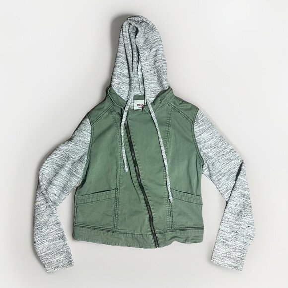 Mossimo Jacket Girls Size Large (10/12) Green Gray Hooded Knit Sleeves Full Zip - Picture 1 of 6